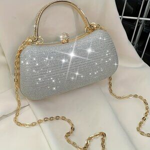 Silver Mini Fashion Evening Clutch, Chain Crossbody Bag Shining Evening Bag